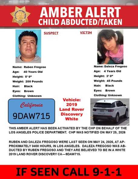 Daleza Fregoso Los Angeles, CA Missing Girl- Amber Alert Issued on 4yrs old girl, last seen with Ruben Fregoso